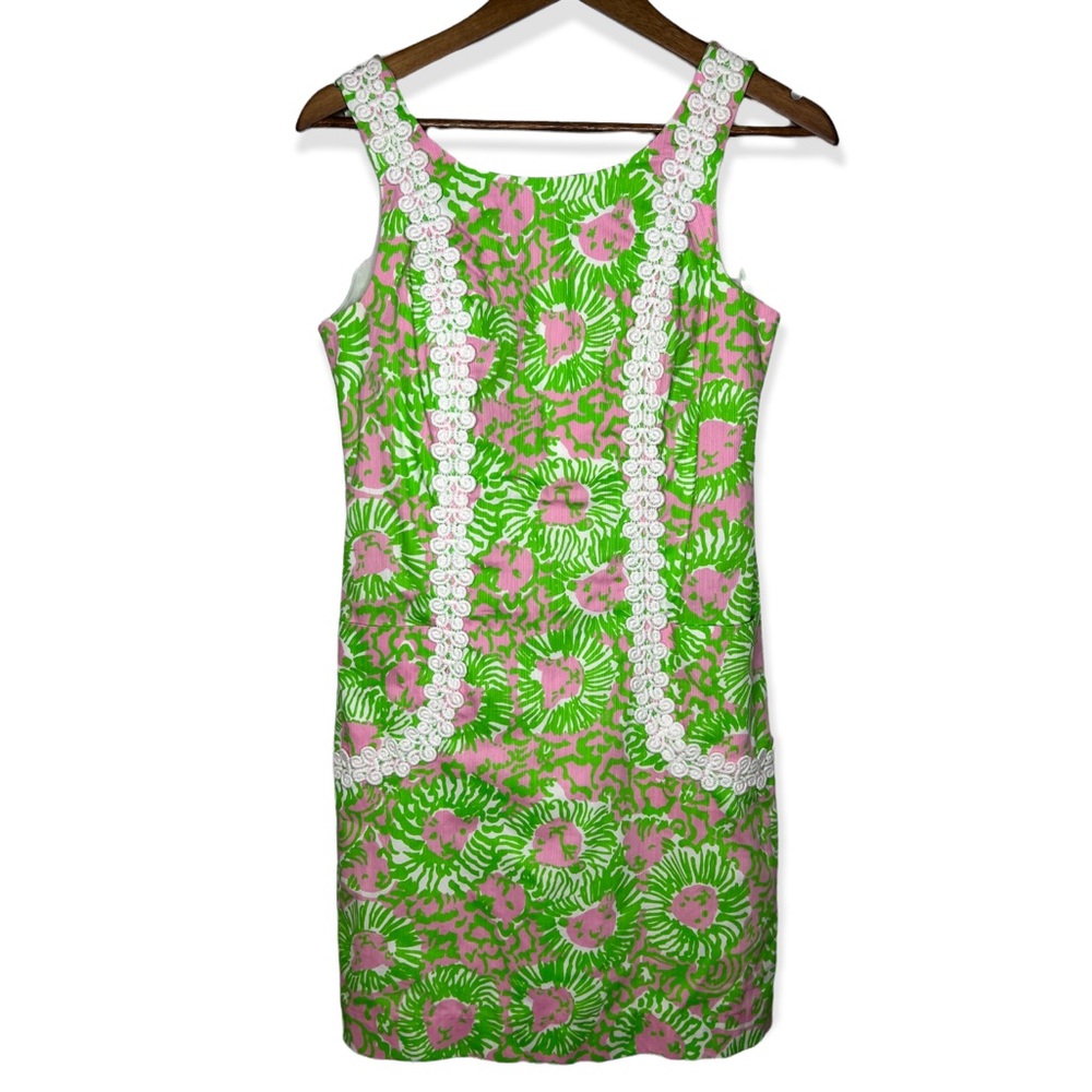 Lilly Pulitzer Sunnyside Lions Print Lace Trim Sleeveless Dress Pink Green Sz 4